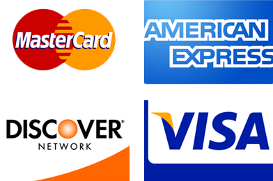 Four major credit card logos: MasterCard, American Express, Discover Network, and Visa.