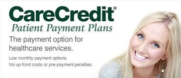 CareCredit Patient Payment Plans logo with smiling woman, healthcare payment option advertisement.