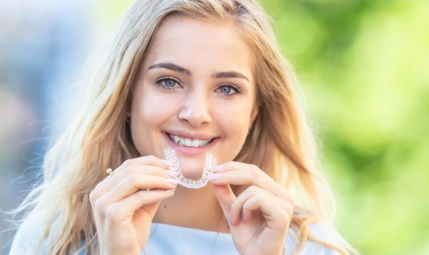 Young woman holding clear Invisalign aligners while smiling outdoors in Beaverton.