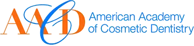 American Academy of Cosmetic Dentistry logo with orange and blue design elements