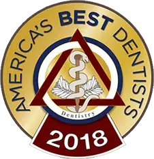 America's Best Dentists 2018 award badge with dental caduceus symbol and red ribbon design.