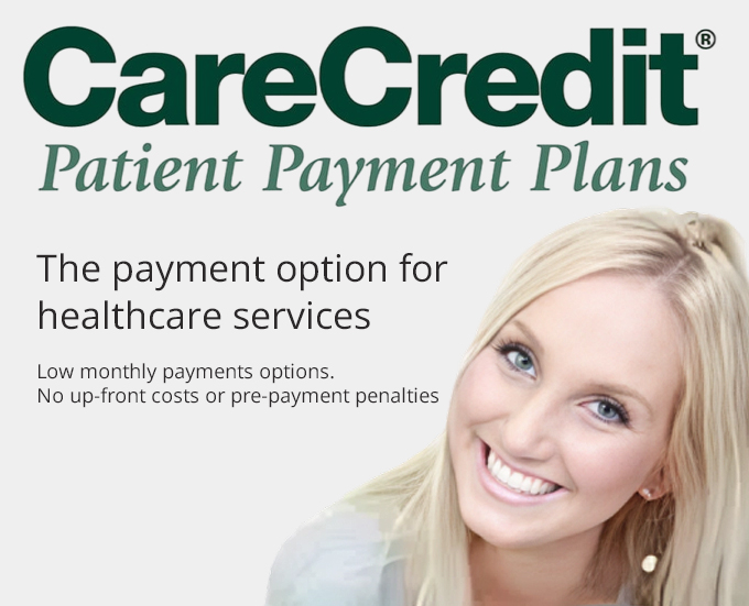 CareCredit Patient Payment Plans logo with smiling woman promoting low monthly payment options for healthcare services.