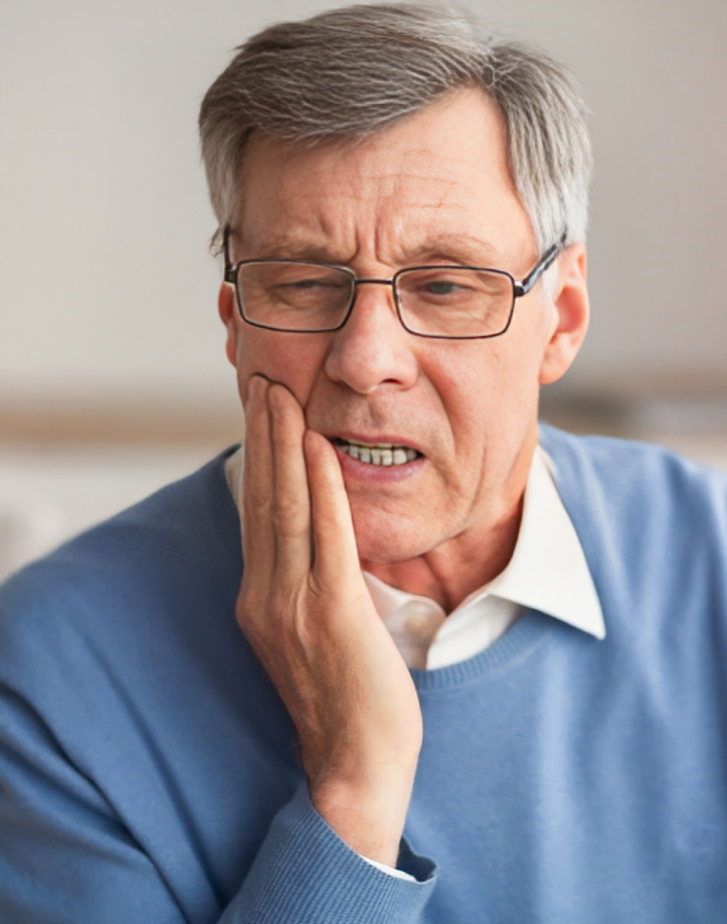 Middle-aged man wearing glasses and blue shirt, hand to cheek, appearing to have tooth pain or discomfort.